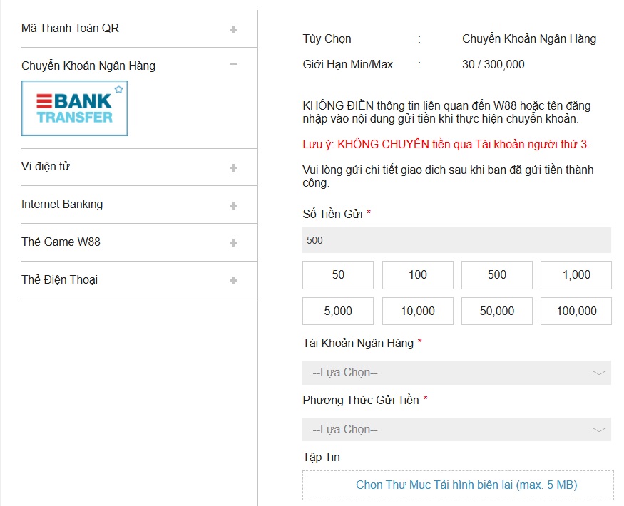 nạp tiền w88 bằng chuyển khoản ngân hàng